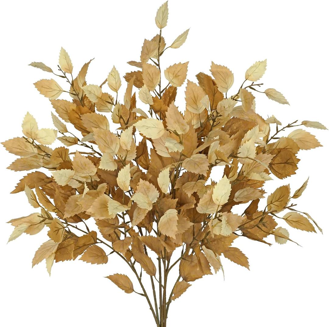 Artificial Fall Birch Leaves Stem - 6 Pcs Faux Autumn Greenery Long Stems 33.4" Tall Fake Plants with Branches Decorations for Thanksgiving Wedding Centerpieces Home Table Decor Floral Arrangements (Light Brown)