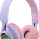 Riwbox WT-7S Kids Bluetooth Headphones Light Up, Foldable Stero Wireless Headset, with Microphone and Volume Control, Comfortable and Durable, for PC/Tablet/TV/Travel(Purple)