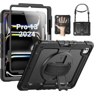 SEYMAC for iPad Pro 13 Inch Case 2024 M4 (7th Generation), Heavy Duty Shockproof Protective Case with Screen Protector, 360 Rotating Stand, Hand/Shoulder Strap and Pen Holder, Black