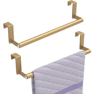 STWWO Over The Door Towel Rack, Kitchen Towel Holder Over Cabinet Door Towel Bar Stainless Steel for Cupboard for Kitchen Dish Towel Holder Hanger, 2 Pack (Gold)