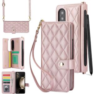 for Samsung Galaxy Z Fold 3 Wallet Case with S Pen Holder & Crossbody Lanyard Strap & Wrist Strip, Shockproof Stylish Protective Cover for Galaxy Z Fold 3 (Rose Gold)