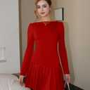 Women's Long Sleeve Mini Dress Sexy Boat Neck Pleated A-line Party Dresses (Red, L)