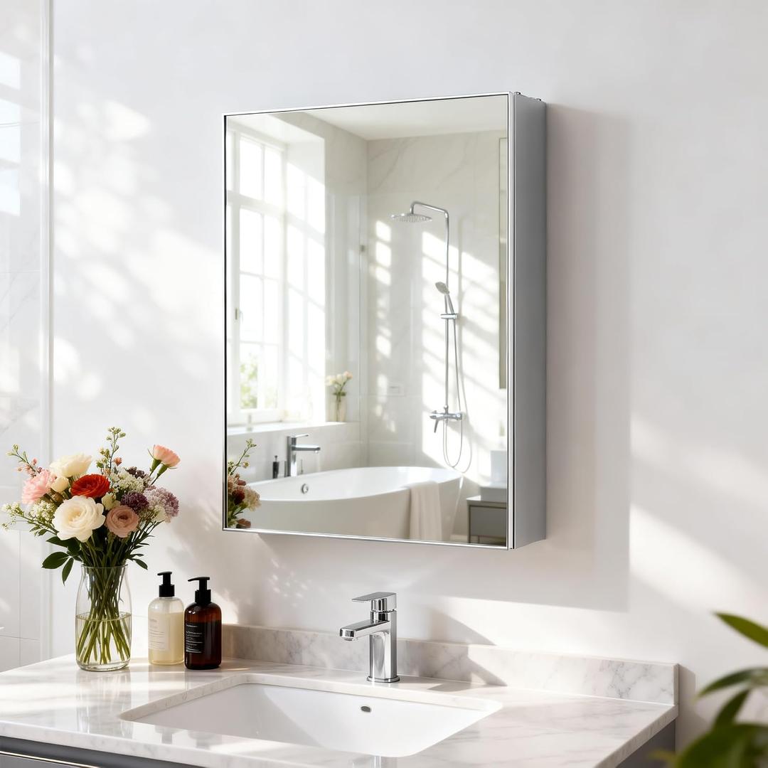 18"x 24"Bathroom Medicine Cabinet,Double-Sided Mirror Door | Silver Aluminium Frame,Lightweight,Sturdy and Attractive,Simple Wall-Mounted,Adjustable Shelves,Tempered Glass