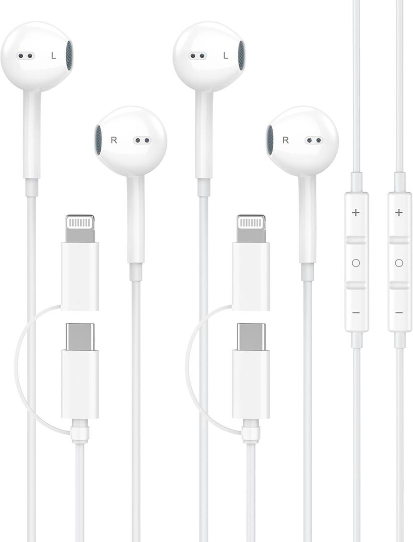 Upgraded iPhone Headphones Wired, 2 Pack 2-in-1 Lightning/USB C Wired Earbuds Headphones with Built-in Remote to Control Music, Phone Calls, and Volume for iPhone 17 16 15 14 13 12, True Plug and Play