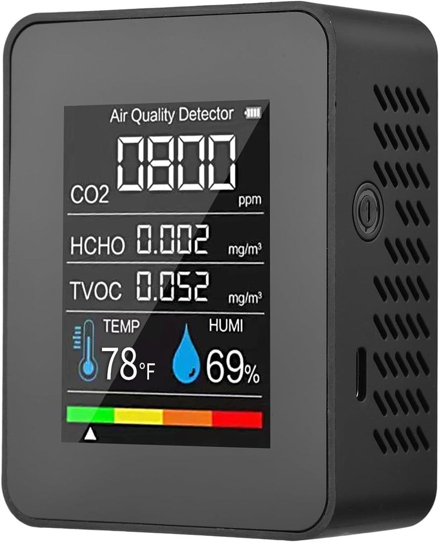Prefessionall Indoor Air Quality Monitor, 5 in 1 Portable Smartair Quality Tester for CO2 | TVOC | HCHO | Temp | Hum for Home Cars Plants and Pets So On (Black)