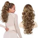 Flufymooz Ponytail Extension, 18 inch Wavy Curly Claw Clip Ponytail Extension Clip on Ponytails Natural Synthetic Hairpiece for Women Daily Wear (Ginger Brown)