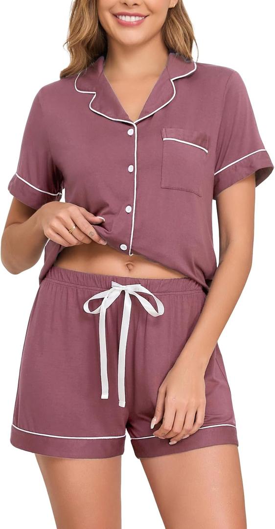 Veseacky Womens Pajamas Set Short Sleeve Sleepwear Button Down Pjs Comfy 2 Pieces Soft Lounge Set (Purple, L)
