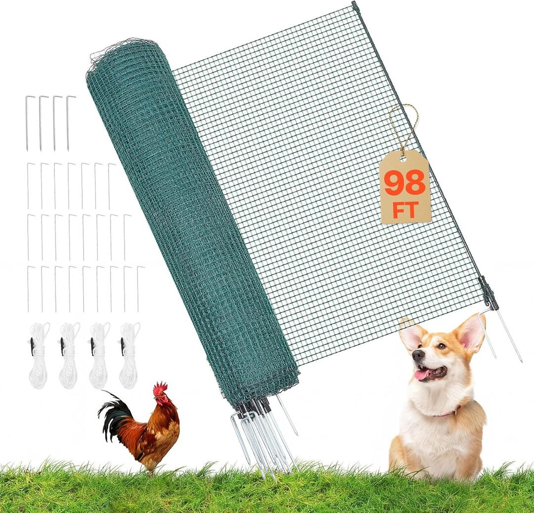 VEVOR Temporary Fence with Posts, 3 x 98.4 FT Plastic Mesh Fencing, Garden Safety Fences Netting with Double-Spike Stakes & Guy Ropes, Temporary Fence for Dogs, Chickens, Plants, Outdoor Yards