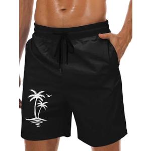 Men's Swim Trunks Hawaiian Bathing Mesh Lining Suit Swimsuits Beach Shorts with Pockets (Medium, Black-coconut Tree)