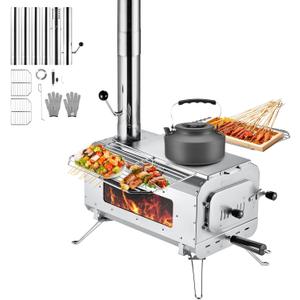 KingCamp Hot Tent Stove, Foldable Camping Stove with Large Firebox, 7.5ft Winter Camping Stove for Tent, Shelter, Cabin Heating, With Chimney Pipes, Heat Resistant Glass & Gloves for Outdoor