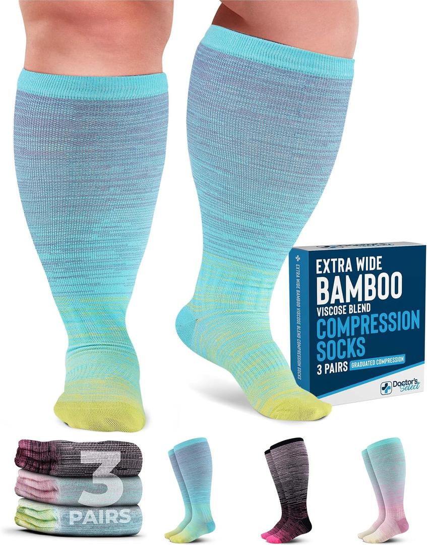 Doctor's Select 3 Pairs Plus Size Compression Socks Wide Calf - Bamboo Viscose Knee High Socks | Circulation Support 3XL