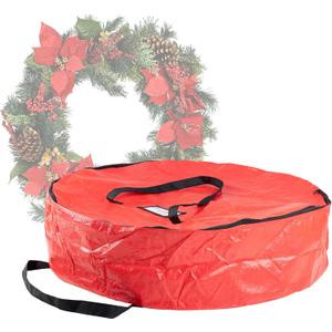 Wreath Storage Container - Canvas Sack with Handles Holds 36-Inch Artificial Wreaths with Interior Compartment for Ornaments by Elf Stor (Red)