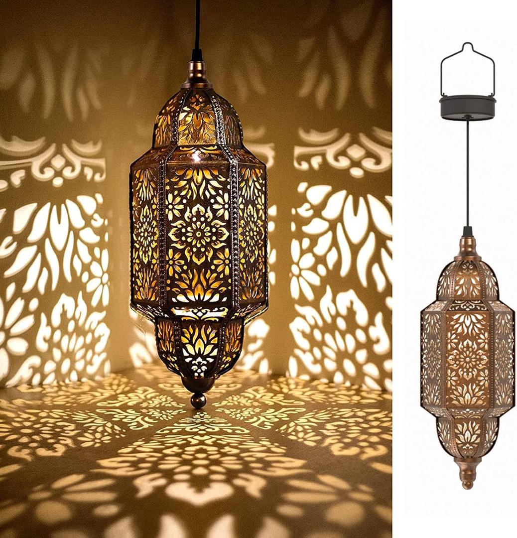 Twinkya 2 Pack Hanging Solar Lights Outdoor Garden Decorative Solar Lantern Waterproof Metal Moroccan Outdoor Decorations for Patio Pathway Yard Porch Backyard Garden Decor (Gold, 2 Pack)