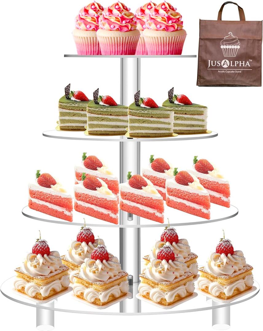 Jusalpha Large 4 Tier Cupcake Stand,Acrylic Round Cake Stand Dessert Tower Tea Party Serving Platter, Cupcake Tree Wedding Party Dcor, Stand with Rod Feet (4RF)