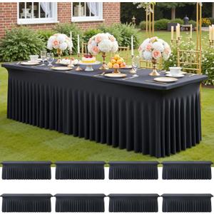 8 Pack Spandex Black Table Clothes for 8 Foot Rectangle Tables, Wrinkle Free Stretch Table Cloths 8FT, Fitted Table Cover Desk Skirt for Parties Weddings Birthday Banquet Events