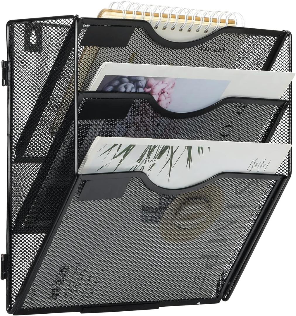 EasyPAG Wall File Holder Organizer 3 Pocket Mesh Hanging Wall Mounted Document Paper Folder Filing Magazine Rack with Nametag Label for Office Home School, Black