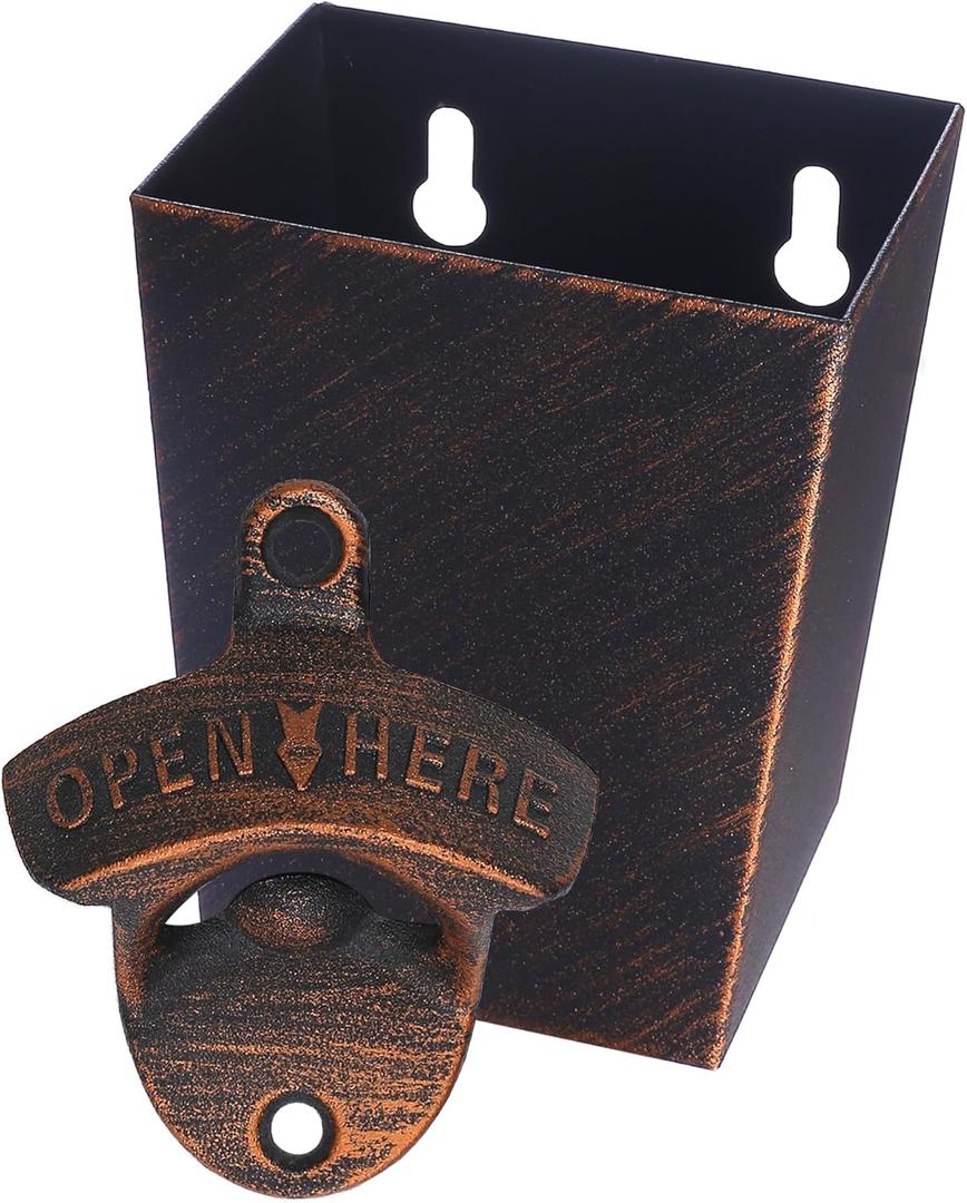 Vintage Bottle Opener Wall Mount and Cap Catcher with Drain Opening, Antique Copper Mountable Soda Bottle Opener and Top Holder for Garage Patio Bar