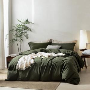 Linen Feel Olive Green Duvet Cover Oversized Queen Size 98'' L x 98'' W, 100% Washed Cotton Duver Cover with Zipper Closure Plus 2 Pillowcases, Cozy and Breathable (Oversized Queen (98" x 98"), Olive Green(no Comforter))