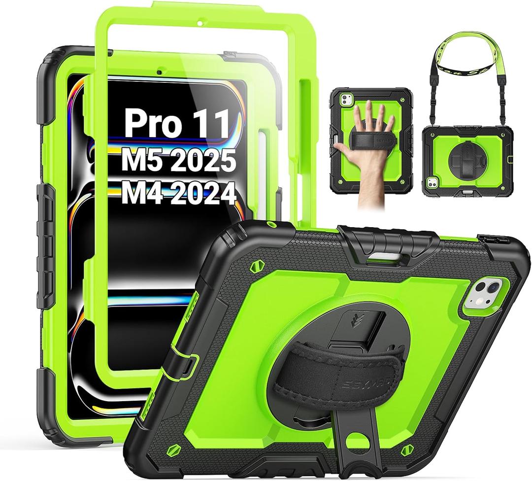 SEYMAC for iPad Pro 11 Inch Case M5 2025 / M4 2024, Heavy Duty Shockproof Protective Case with Screen Protector, 360 Rotating Stand, Hand/Shoulder Strap and Pen Holder, Green