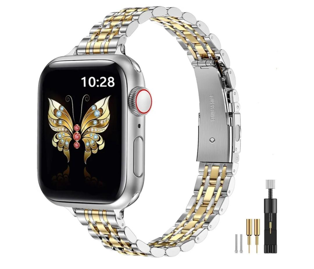 MioHHR Slim Metal Band Compatible with Apple Watch Band 42mm(Series 11 10) 41mm(Series 9 8 7) 40mm(Series 6 5 4 SE3/2/1) 38mm(Series 3 2 1),Stainless Steel iWatch Bands for Women,Silver/Gold