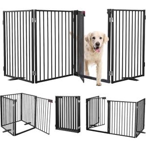 Metal Freestanding Dog Gates with Door,Extra Wide 24", 32" Height Foldable Dog Fence for Indoor & Outdoor, Heavy Duty Freestanding Pet Barrier for Stairs, Doorways, Halls, Kitchen,Yard,Christmas Tree (Black)