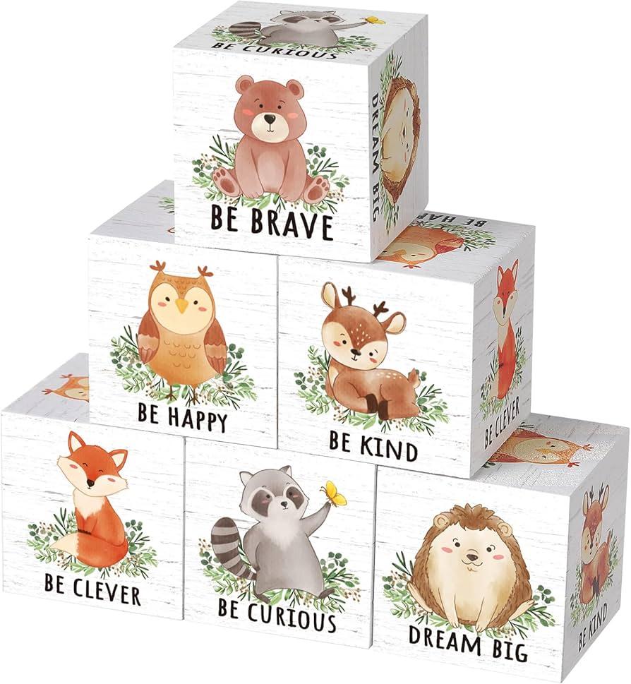 6 Pcs 1.6 Inch Inspirational Woodland Nursery Decor Animals Wall Decor Stuff Wooden Forest Animals Bear Raccoon Lion Fox Block Safari Creature Christmas Table Decoration
