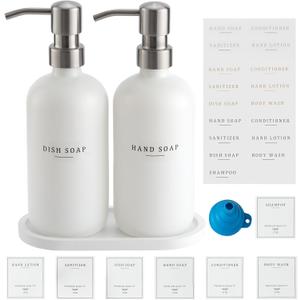 Glass Soap Dispenser - Dish Soap Dispenser for Kitchen and Hand Soap Dispenser Set, Bathroom Soap Dispenser with 304 Rust Proof Pump, Soap Dispenser for Kitchen with Tray, White Bottle/Silver Pump