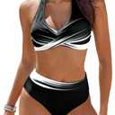 AI'MAGE Women's High Waisted Bikini Sets Tummy Control Swimsuits 2025 Two Piece Bathing Suits Color Block Halter Swim Suits, Abstract Black, L