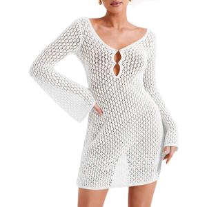 Saodimallsu Womens Crochet Swimsuit Coverup Summer Sexy V Neck Long Bell Sleeve Mesh Knit Bikini Cover Ups Beach Dresses (White, XL)