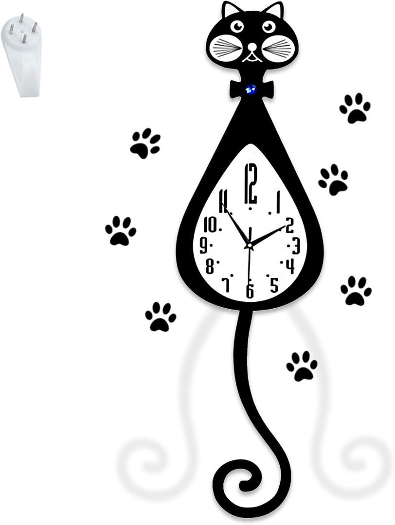 rnuie Pendulum Wall Clock Cat Decor, Battery Operated Silent Clock with Swinging Tail, Home Living Room, Bedroom, Kitchen Decor