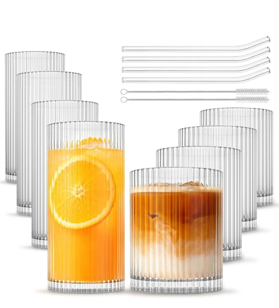 NSETLAN Set of ,7 Vintage Glassware - 4 Highball Glasses 12 oz, 4 Rocks Glass Cups 14 oz, Ribbed Glassware Cocktail Glasses, Ideal for Wine, Juice, Water, Ice Coffee Cup, Whiskey, Mixed Drinkware