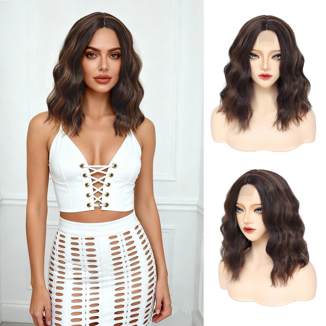 GUOJIAN Brown Mix Copper Bob Wig 14 Inch Short Wavy Curly Shoulder Length Wig for Women Middle Part Natural Looking Heat Resistant Synthetic Wigs for Daily Party Use
