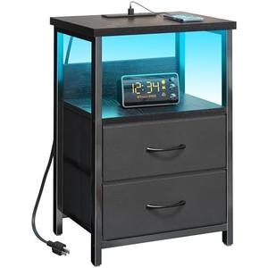 Fixwal Night Stand with Charging Station, LED Nightstand with U-S-B Ports and Outlets for Small Spaces, 2 Fabric Storage Drawers, Bedside Table End Tables Bedroom, Modern Black