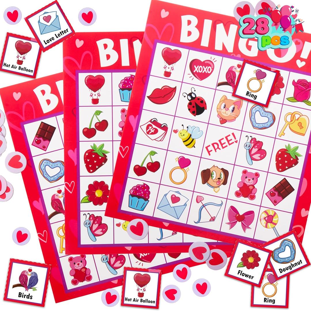 JOYIN 28 Players Valentine's Day Bingo Set, Game Cards for Kids School Classroom Party Supplies, Family Activity