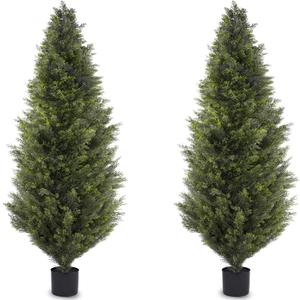 Outdoor Artificial Cedar Topiary Trees, 6FT Set of 2 UV-Resistant Potted Plants with Planter, Realistic Fake Trees for Porch, Garden, Balcony, Patio & Office Decor