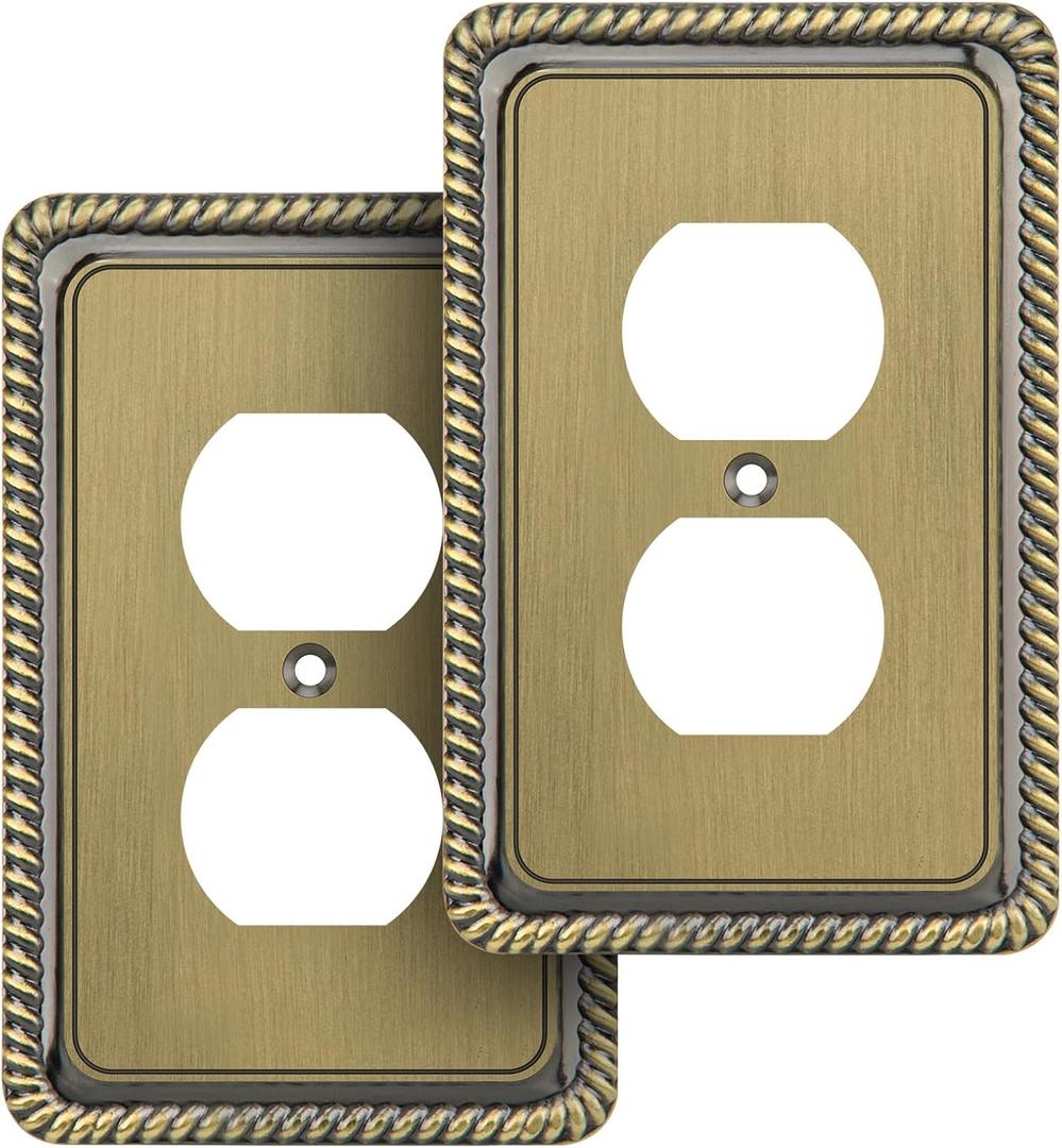 Henne Bery Rope Edge Decorative Wall Plate Switch Plate Outlet Cover (Single Duplex, 2 Pack, Antique Brass) (Single Duplex 2PK)