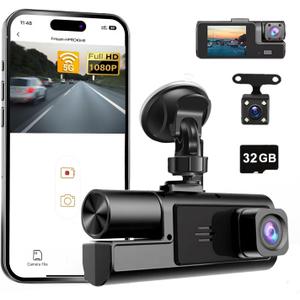 WiFi 1080P 3 Channel Dash Camera for Car Front and Inside Dashcam Car Security Video Recorder,170Wide Angle Vehicle Cam,WDR,G-Sensor,Loop Recording,Night Vision (WiFi 3Channel Dash Cam With 32G Card)