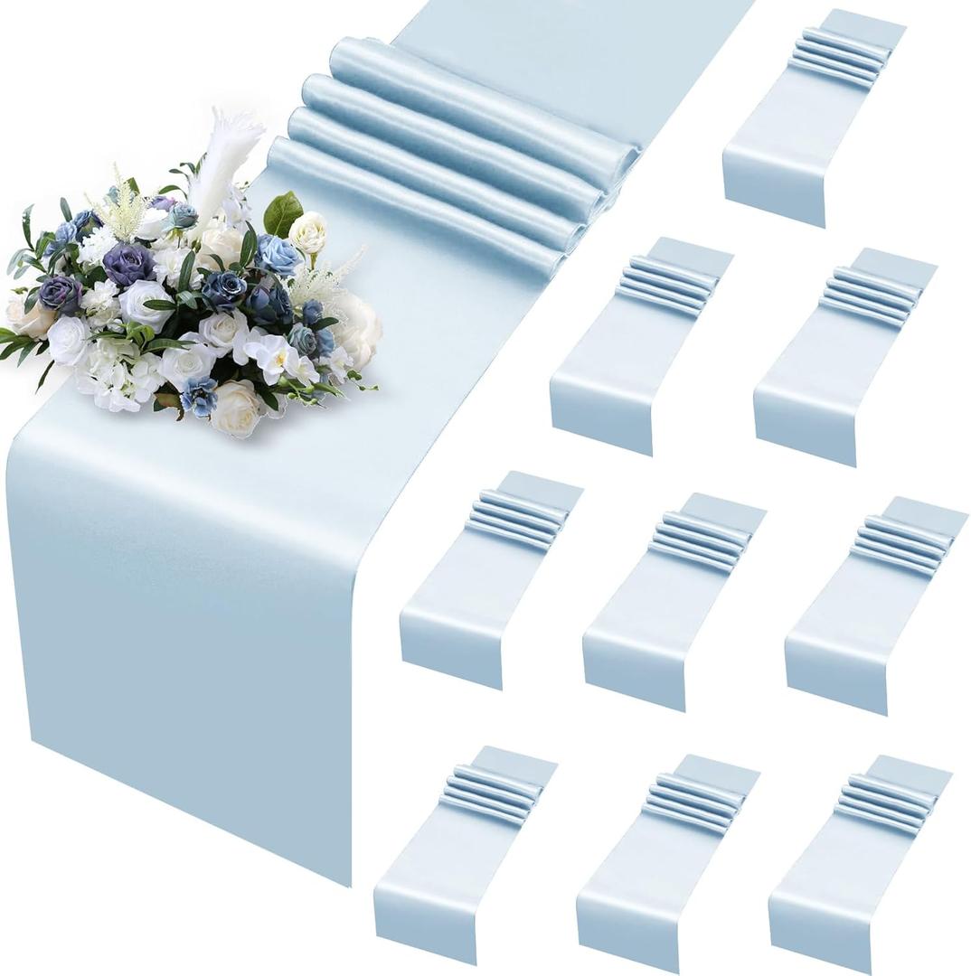 MILVOWOC 10 Pack Light Blue Satin Table Runners, 12 x 108 Inch Bright Satin Silk Table Runner Smooth Fabric Decorative Table Runner for Wedding Banquet Party Birthday Graduation