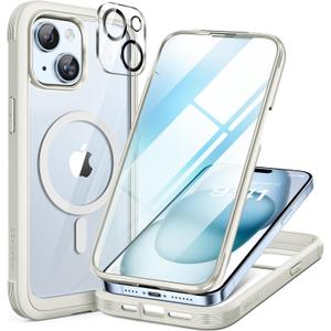 Miracase Glass Series for iPhone 15 Case [Compatible with MagSafe] Full-Body Magnetic Bumper Case with Built-in 9H Tempered Glass Anti-Fingerprint Screen Protector + Camera Lens Protector, White