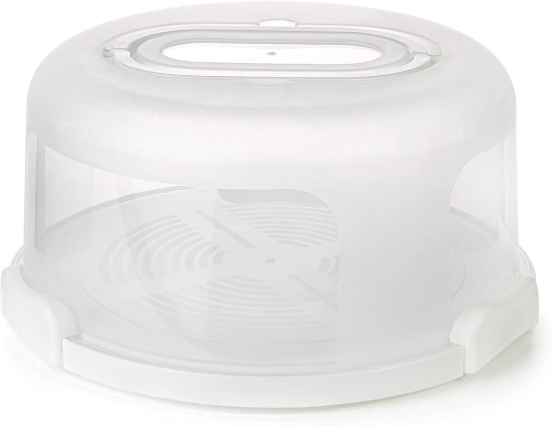 Spesh Round Cake Carrier with Carry Handle 10 Inch Reusable Cake Container Cake Butler with Cutting Grooves PP Plastic Cake Container Diameter 30 x 15 cm (White)