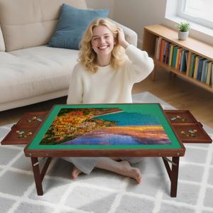 1500 Piece Puzzle Table with Legs, 35" x 26" Wooden Jigsaw Puzzle Board with Drawers, Cover & Felt, Portable Puzzle Table with Folding Legs for Adults and Teens, Christmas Birthday Gift