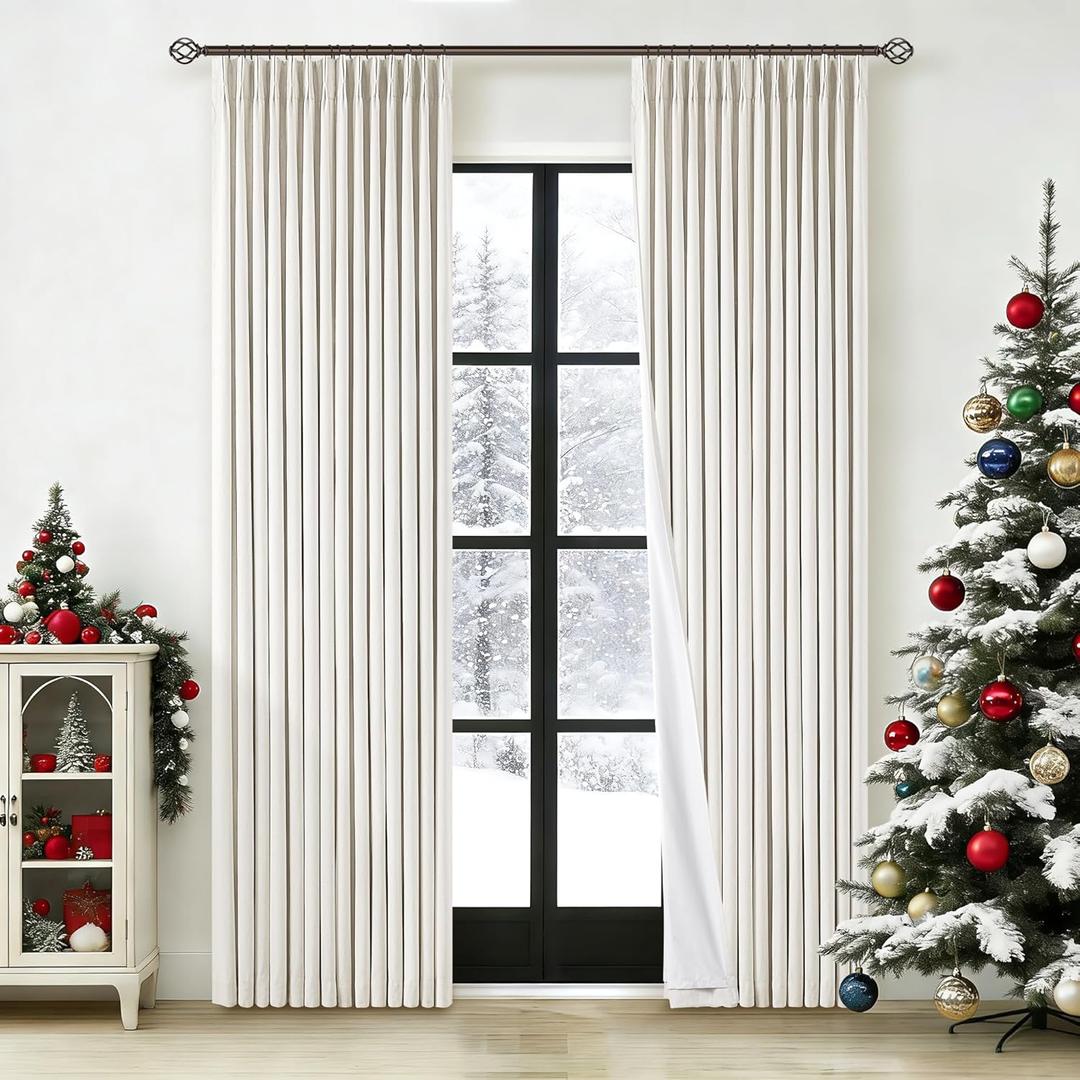 Natural Pinch Pleated Linen Blackout Curtains 84 Inch Length 2 Panels for Bedroom Living Room Darkening Thermal Insulated Cream Birch Boho Neutral Back Tab Pinch Pleat Lined Window Curtain 84 Inches