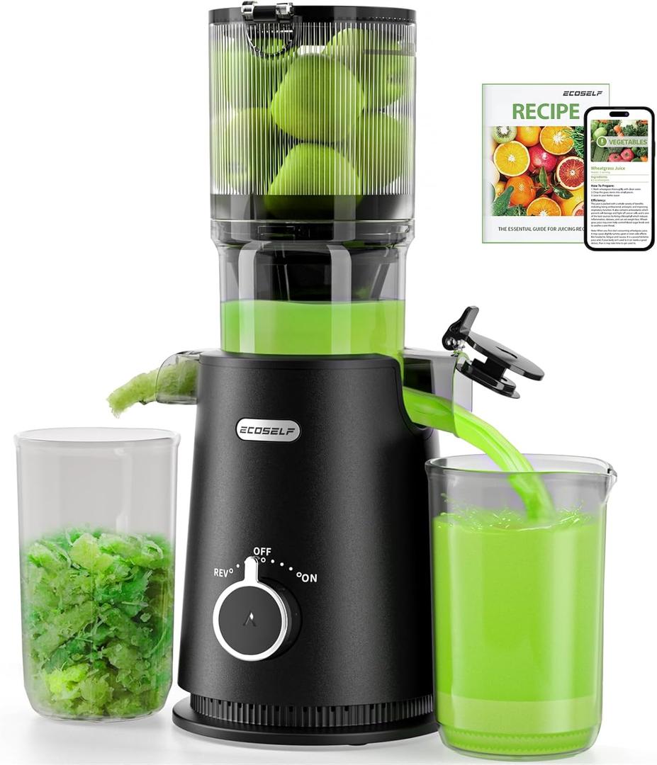Juicer Machines, ECOSELF 4.35" Large Feed Chute for Family Needs, Professional Cold Press Juicer For Whole Fruits & Vegetables, Self Feeding Effortless for Batch Juicing, Easy to Clean (Black)