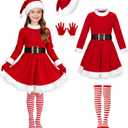 Kids Girls Santa Dress - Mrs Claus Costume Christmas Outfit with Belt Socks Hat Gloves (11-13 Years)