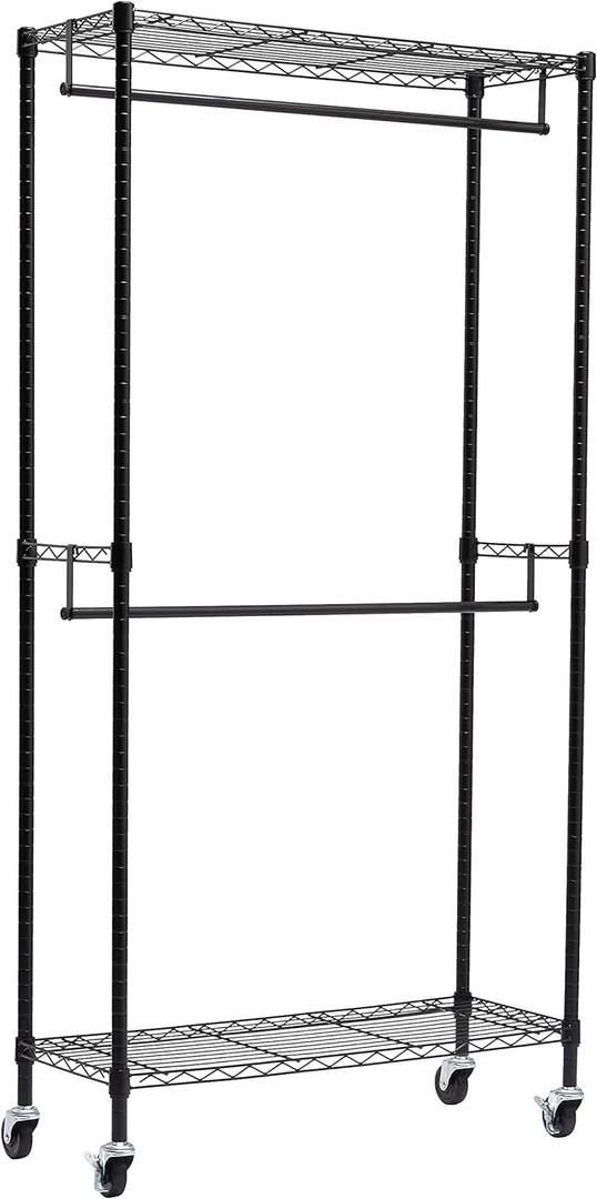 Amazon Basics Adjustable, Double Hanging Rod Garment Rolling Closet Organizer Rack with Wheels, Heavy Duty, Black, 36'' x 14'' x 72'', WI-GAR1436B