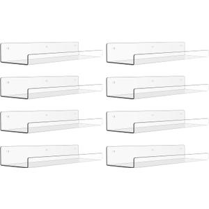 upsimples 8 Pack Acrylic Shelves for Wall Storage, 15" Floating Bookshelves for Kids, Display Shelf Organizer for Bathroom, Bedroom, Living Room Decor, Kitchen, Clear