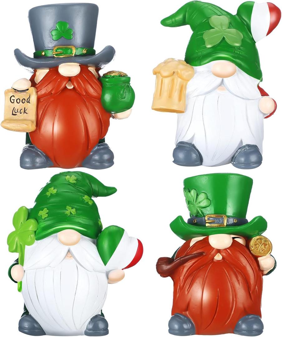 Wenqik 4 Pcs St Patricks Day Gnomes Decor Resin Lucky Leprechaun Shamrock Gnome Figurines Swedish Tomte Gnomes Irish Decor Tiered Tray Collectible Tabletop Decorations for Home Kitchen Office
