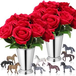 LemonRoad 26 Pcs Derby Day Party Decorations The Rose Centerpieces with Mint Julep Cups and Mini Horses for Horse Racing Party Decor Horse Theme Birthday Supplies