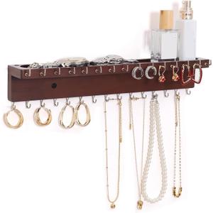 Necklace Holder Organizer Wall Mount,Jewelry Holder Organizer with 30 Hooks,Oak Jewelry Organizer and Storage for Necklaces,Bracelets and Rings (Dark Walnut)