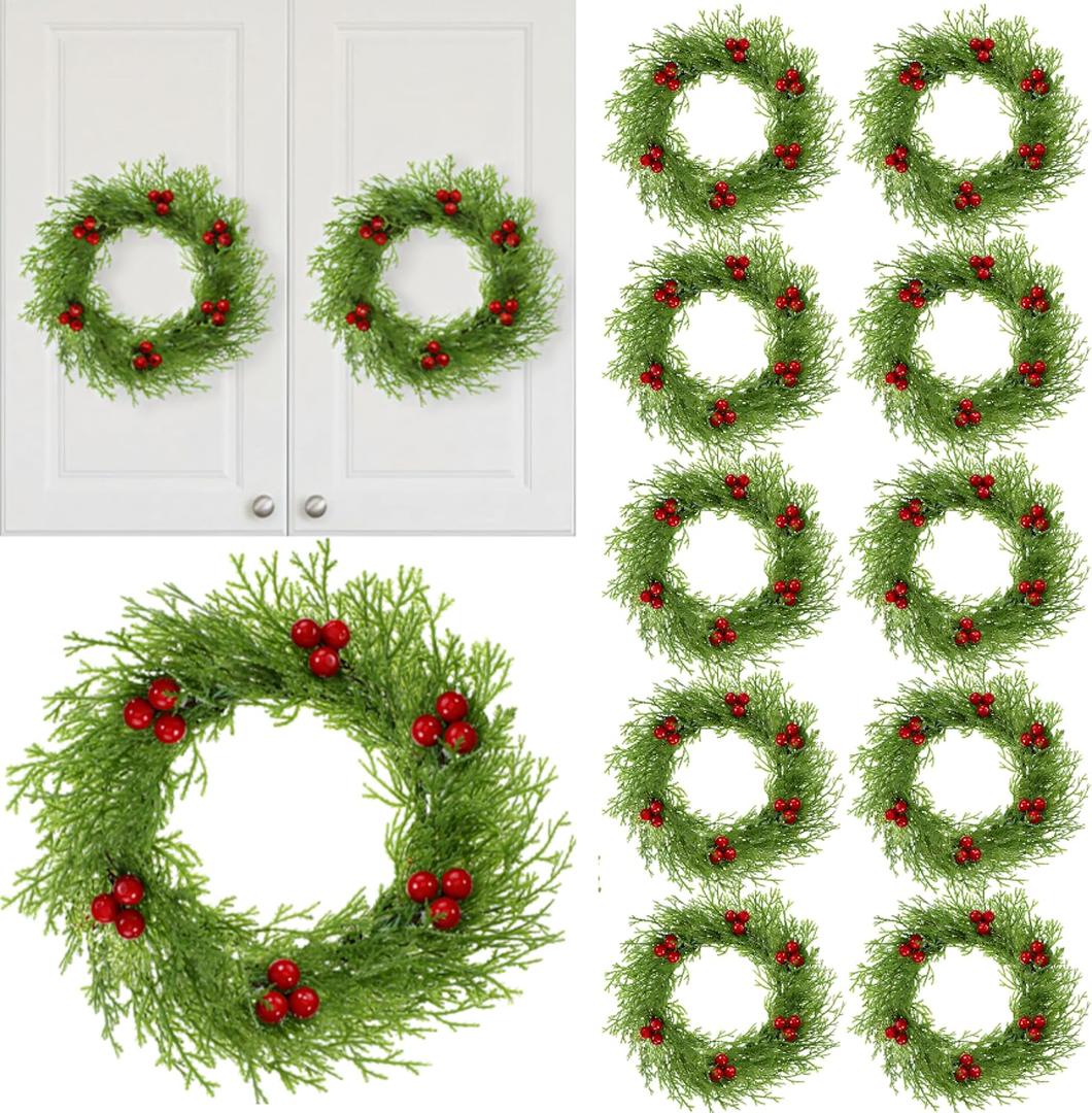 14 Pcs Small Christmas Wreaths with Red Berry 8.27" Artificial Cedar Candle Rings Holder Mini Wreaths for Cabinets Christmas Holiday Table Centerpiece Window Chair Decor